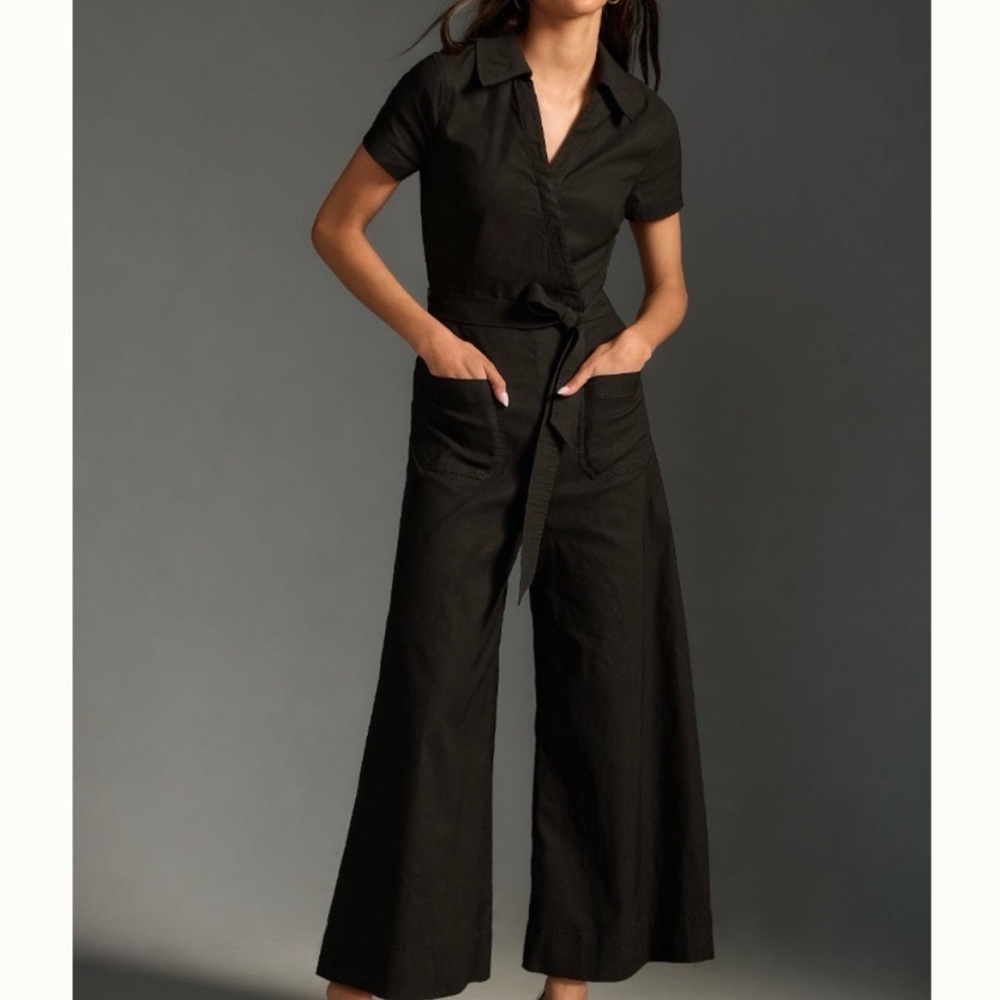 Maeve Black Colette Wrap Short Sleeves Collared Wide Leg Jumpsuit Size M